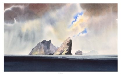 A watercolor painting depicts a dramatic coastal scene with dark, jagged rocks rising from the sea under a stormy sky with a hint of sunlight. By Peter Mcdermott