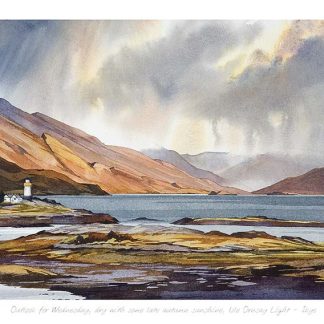 A colorful landscape watercolor painting depicting a lighthouse by a lake with mountains in the background and dramatic clouds above. By Peter Mcdermott