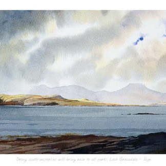 A panoramic watercolor painting depicting a serene coastal landscape under a stormy sky. By Peter Mcdermott