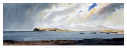 A panoramic watercolor painting depicting a serene coastal landscape under a stormy sky. By Peter Mcdermott