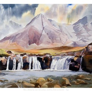 A colorful watercolor painting depicting a majestic mountain landscape with a cascading waterfall in the foreground. By Peter Mcdermott