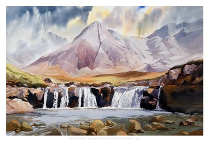 A colorful watercolor painting depicting a majestic mountain landscape with a cascading waterfall in the foreground. By Peter Mcdermott