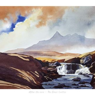 A watercolor landscape painting depicting a mountain in the backdrop with a waterfall and stream flowing through a rugged valley. By Peter Mcdermott