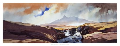 A watercolor landscape painting depicting a mountain in the backdrop with a waterfall and stream flowing through a rugged valley. By Peter Mcdermott