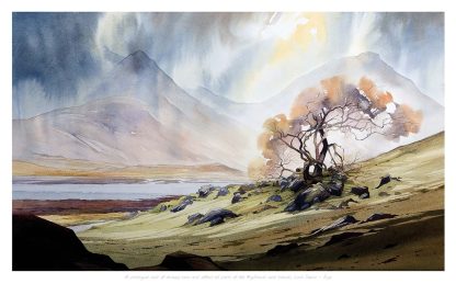 A watercolor painting of a solitary tree with autumn leaves against a backdrop of mountains and a lake under a dramatic sky. By Peter Mcdermott