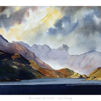 A vivid watercolor painting depicting a dramatic landscape with dark clouds looming over mountain peaks and a body of water in the foreground. By Peter Mcdermott