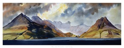 A vivid watercolor painting depicting a dramatic landscape with dark clouds looming over mountain peaks and a body of water in the foreground. By Peter Mcdermott