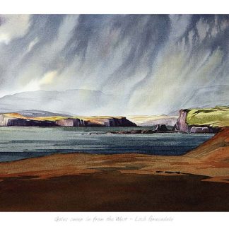 A panoramic watercolor painting of a coastal landscape with cliffs under a dramatic, cloud-filled sky. By Peter Mcdermott