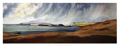 A panoramic watercolor painting of a coastal landscape with cliffs under a dramatic, cloud-filled sky. By Peter Mcdermott