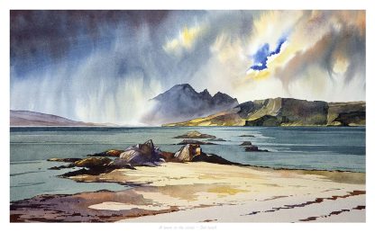 A watercolor landscape painting depicting dramatic clouds over a mountain range with a shoreline in the foreground. By Peter Mcdermott