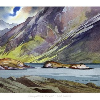 A watercolor painting of a dramatic mountain landscape with a lake in the foreground and stormy clouds above. By Peter Mcdermott