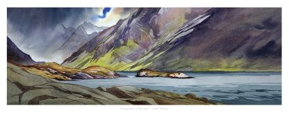 A watercolor painting of a dramatic mountain landscape with a lake in the foreground and stormy clouds above. By Peter Mcdermott