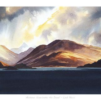 A watercolor painting of a dramatic mountainous landscape with a sunlit peak and stormy skies above a calm lake. By Peter Mcdermott