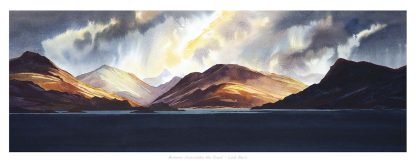 A watercolor painting of a dramatic mountainous landscape with a sunlit peak and stormy skies above a calm lake. By Peter Mcdermott