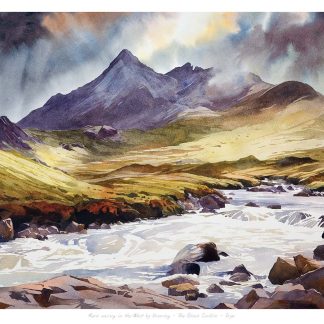 A vibrant watercolor painting depicting a mountainous landscape with a flowing river in the foreground. By Peter Mcdermott