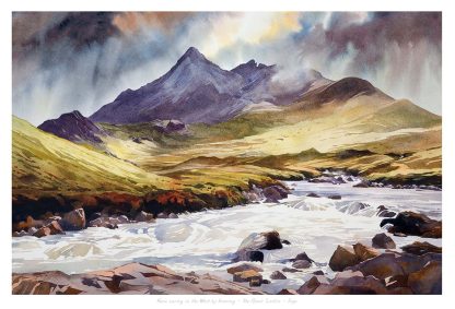 A vibrant watercolor painting depicting a mountainous landscape with a flowing river in the foreground. By Peter Mcdermott