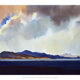 A panoramic watercolor painting depicting a dramatic sky above a dark mountainous landscape with a body of water in the foreground. By Peter Mcdermott