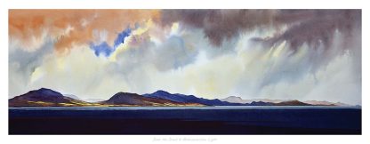 A panoramic watercolor painting depicting a dramatic sky above a dark mountainous landscape with a body of water in the foreground. By Peter Mcdermott