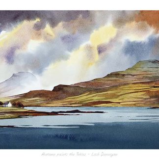 A watercolor landscape painting depicting dramatic cloudy skies over rolling hills and a calm lake in the foreground. By Peter Mcdermott
