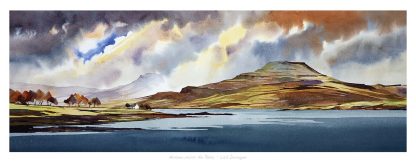 A watercolor landscape painting depicting dramatic cloudy skies over rolling hills and a calm lake in the foreground. By Peter Mcdermott