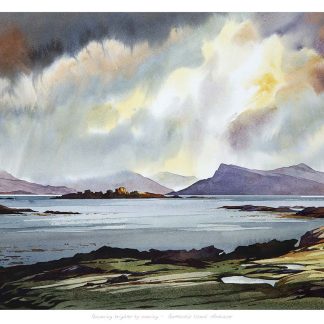 The image depicts a vibrant watercolor landscape painting with stormy skies over a calm lake surrounded by mountains. By Peter Mcdermott