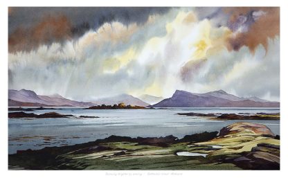 The image depicts a vibrant watercolor landscape painting with stormy skies over a calm lake surrounded by mountains. By Peter Mcdermott