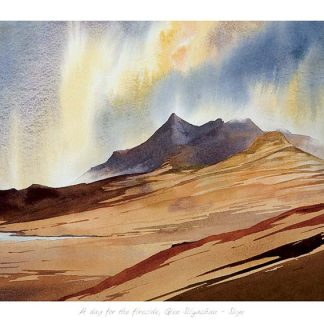 A watercolor landscape painting showcasing mountains with dramatic lighting and a richly colored foreground. By Peter Mcdermott