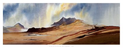 A watercolor landscape painting showcasing mountains with dramatic lighting and a richly colored foreground. By Peter Mcdermott