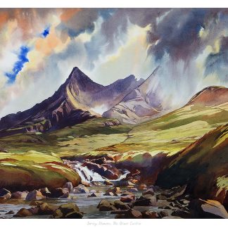 A colorful painting of a mountain landscape with a flowing river and dramatic clouds in the sky. By Peter Mcdermott