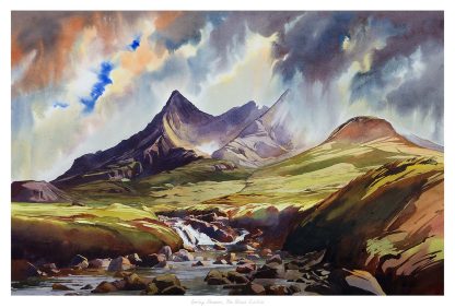 A colorful painting of a mountain landscape with a flowing river and dramatic clouds in the sky. By Peter Mcdermott