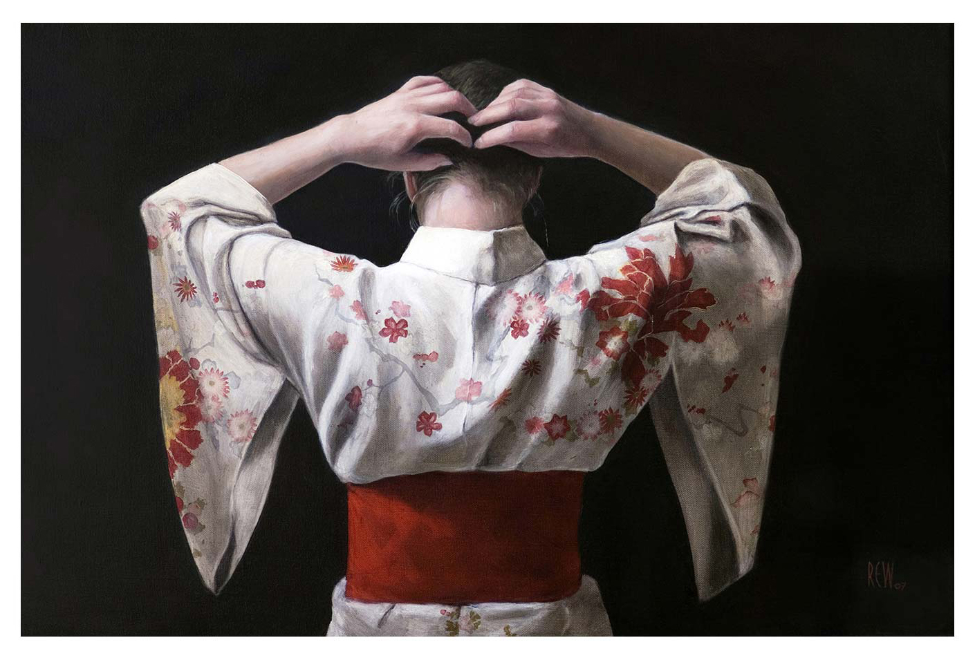 A person in a floral kimono facing away makes a heart shape with their hands above their head. by Stephanie rue
