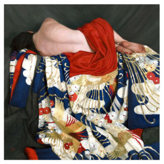 A person lying face-down wearing an elaborate kimono with a vibrant red scarf over their head. By Stephanie Rew