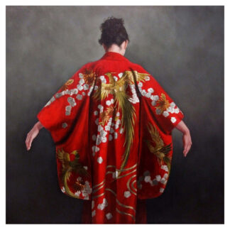 A person with their back facing us, draped in a vibrant red kimono with intricate floral and bird designs. By Stephanie Rew