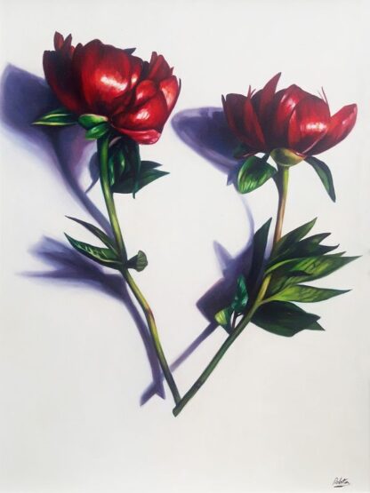 The image displays a painting of two red flowers with prominent green leaves casting a shadow on a light background. By Charlotte Strawbridge