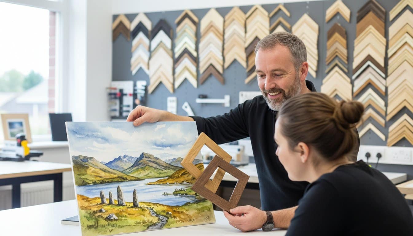 A man and woman discuss framing options for a landscape painting in an art studio, holding wooden frame samples. Various frame styles are displayed on the wall behind them.
