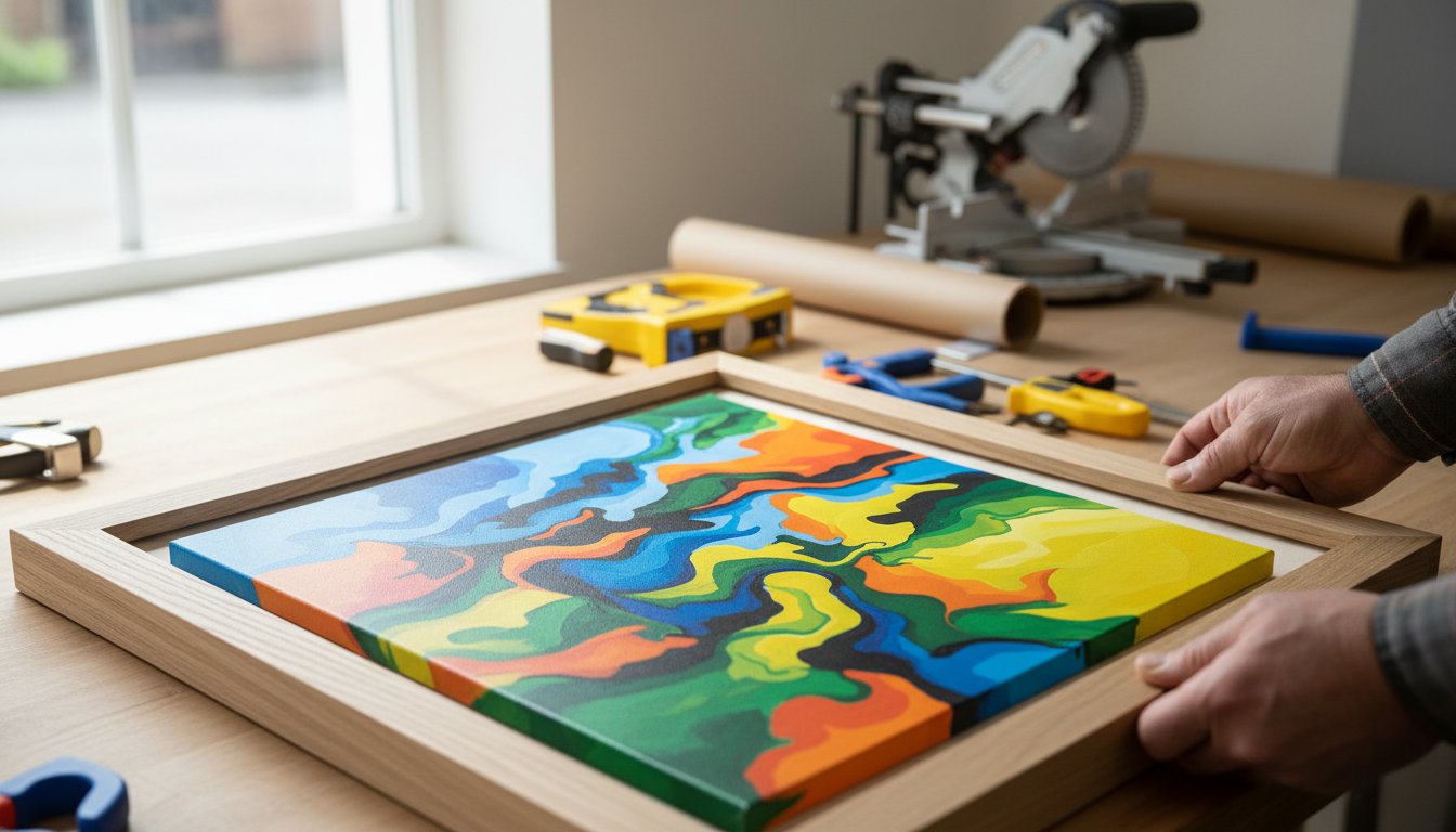 A person frames a colourful abstract painting on a wooden table, surrounded by tools and art supplies, with natural light coming in from a nearby window.