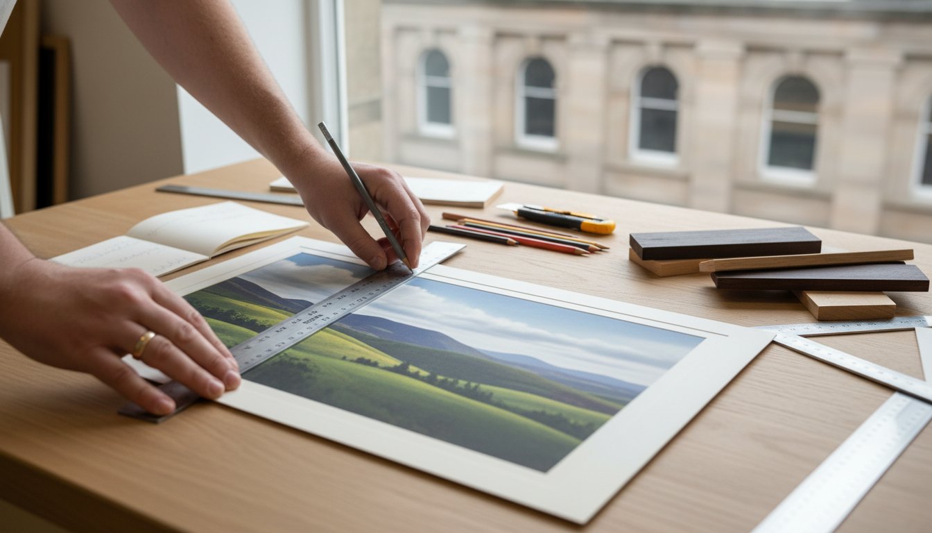 A person uses a ruler and pencil to measure a landscape photograph on a wooden desk, surrounded by drawing tools, with a city building visible through the window.