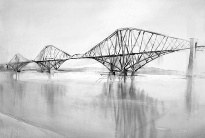 A black and white sketch of a truss bridge reflecting on the surface of calm water. By Ismael Pinteño Visuara