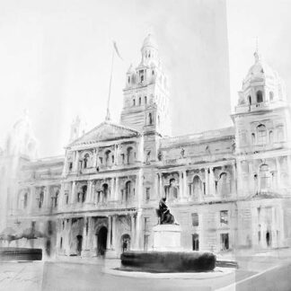 A monochromatic watercolor painting of a historic building with prominent towers and a statue in the foreground. By Ismael Pinteño Visuara