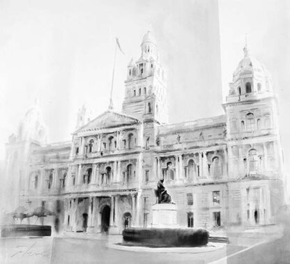 A monochromatic watercolor painting of a historic building with prominent towers and a statue in the foreground. By Ismael Pinteño Visuara