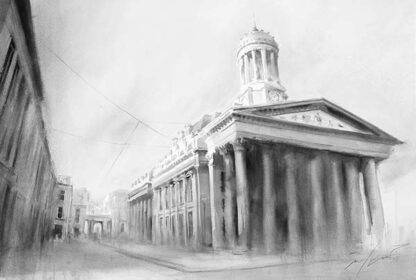 The image is a grayscale watercolor painting of a neoclassical building with columns and a domed tower, depicted in a loose, atmospheric style. By Ismael Pinteño Visuara