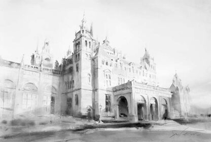 A monochromatic watercolor painting depicting a grand, ethereal architectural structure with towers and arches, showcasing light and shadow play. By Ismael Pinteño Visuara