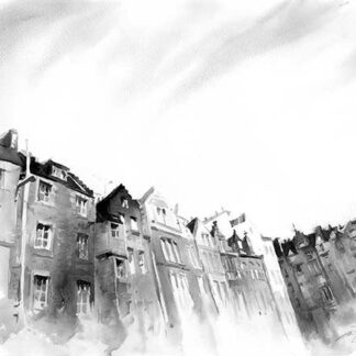 A monochrome watercolor painting depicting a row of European-style buildings under a dramatic sky. By Ismael Pinteño Visuara