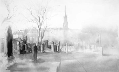 The image shows a grayscale watercolor of a misty cemetery with bare trees and a church spire in the background. By Ismael Pinteño Visuara