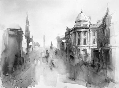 A monochrome watercolor painting depicting an atmospheric cityscape with architectural structures like spires and a domed building. By Ismael Pinteño Visuara