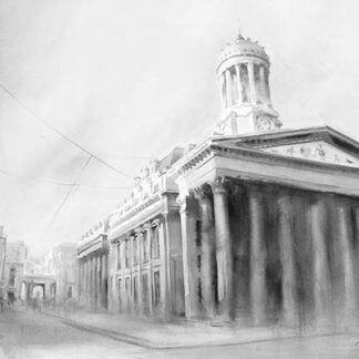The image is a grayscale watercolor painting of a neoclassical building with columns and a domed tower, depicted in a loose, atmospheric style. By Ismael Pinteño Visuara