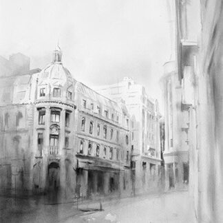 A black and white watercolor painting of a majestic building on a city street corner with a cloudy sky above. By Ismael Pinteño Visuara