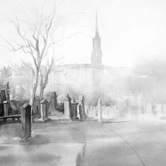 The image shows a grayscale watercolor of a misty cemetery with bare trees and a church spire in the background. By Ismael Pinteño Visuara