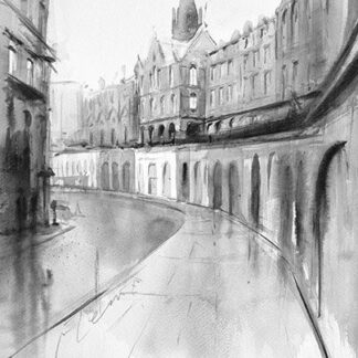 The image shows a monochrome watercolor painting of a quiet, curved street lined with historical buildings and an arched walkway. By Ismael Pinteño Visuara