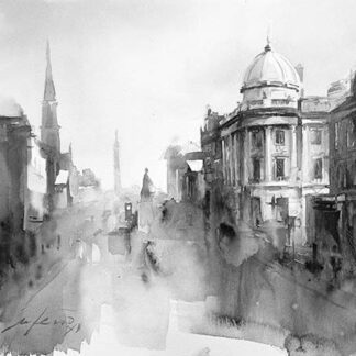 A monochrome watercolor painting depicting an atmospheric cityscape with architectural structures like spires and a domed building. By Ismael Pinteño Visuara